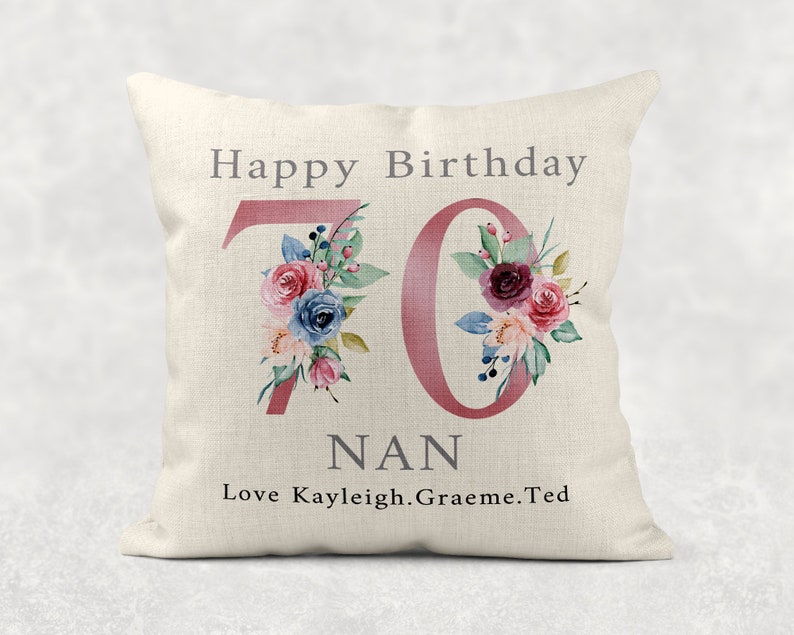 Personalised Age Name with love Cushion, Pink floral country linen pillow 100th Girls/Mum/Nan/Grandma birthday gift image 6
