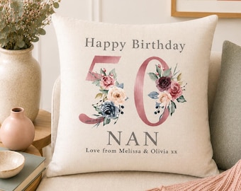 Personalised 50th Birthday Cushion for Mum, Sister, Friend or Wife, Floral Linen Pillow with Name, Keepsake Gift