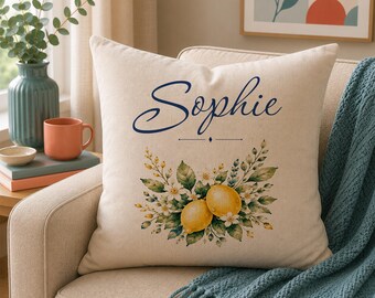 Personalised Lemon Cushion, Custom Name Pillow, Citrus Home Decor, Mediterranean Throw Cushion, Kitchen Gift, Housewarming Present