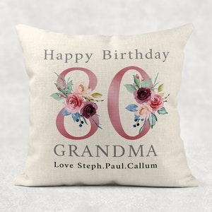 Personalised Age Name with love Cushion, Pink floral country linen pillow 100th Girls/Mum/Nan/Grandma birthday gift image 2