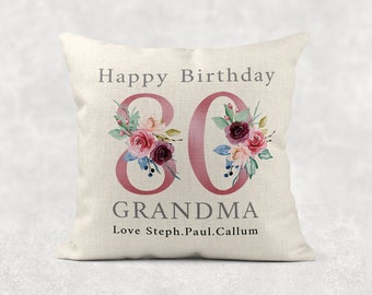 Personalised 80th Birthday Cushion, Floral Linen Style Pillow Gift for Grandma or Any Name
