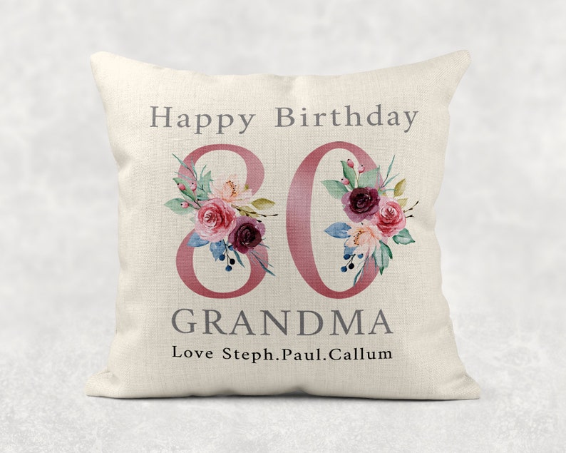 Personalised Age Name with love Cushion, Pink floral country linen pillow 100th Girls/Mum/Nan/Grandma birthday gift image 2