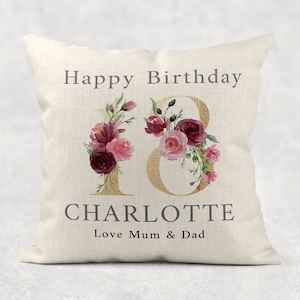 Personalised Age Name with love Cushion, GOLD floral country linen pillow 18th 50th 60th 70th 80th 90th Girls/Mum/Nan/Grandma birthday gift image 7