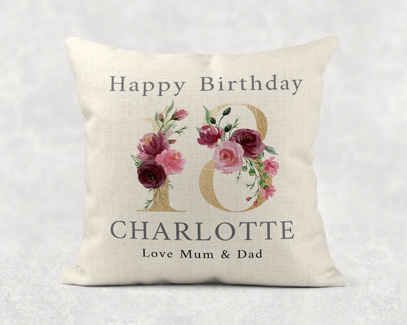 Personalised Age Name with love Cushion, GOLD floral country linen pillow 18th 50th 60th 70th 80th 90th Girls/Mum/Nan/Grandma birthday gift image 7