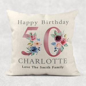 Personalised Age Name with love Cushion, Pink floral country linen pillow 100th Girls/Mum/Nan/Grandma birthday gift image 3