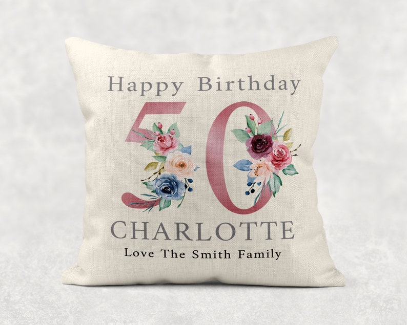 Personalised Age Name with love Cushion, Pink floral country linen pillow 100th Girls/Mum/Nan/Grandma birthday gift image 3