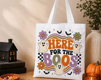 Retro Halloween Trick or Treat Bag, Ghost Tote for Kids, Here for the Boos, Boys Girls Sweet Bag
