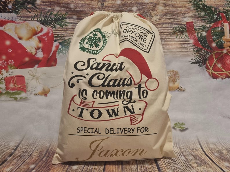 Personalised Christmas Santa Sack: Large Glitter Name Gift Bag Coming To Town