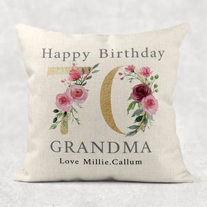 Personalised Age Name with love Cushion, GOLD floral country linen pillow 18th 50th 60th 70th 80th 90th Girls/Mum/Nan/Grandma birthday gift image 2