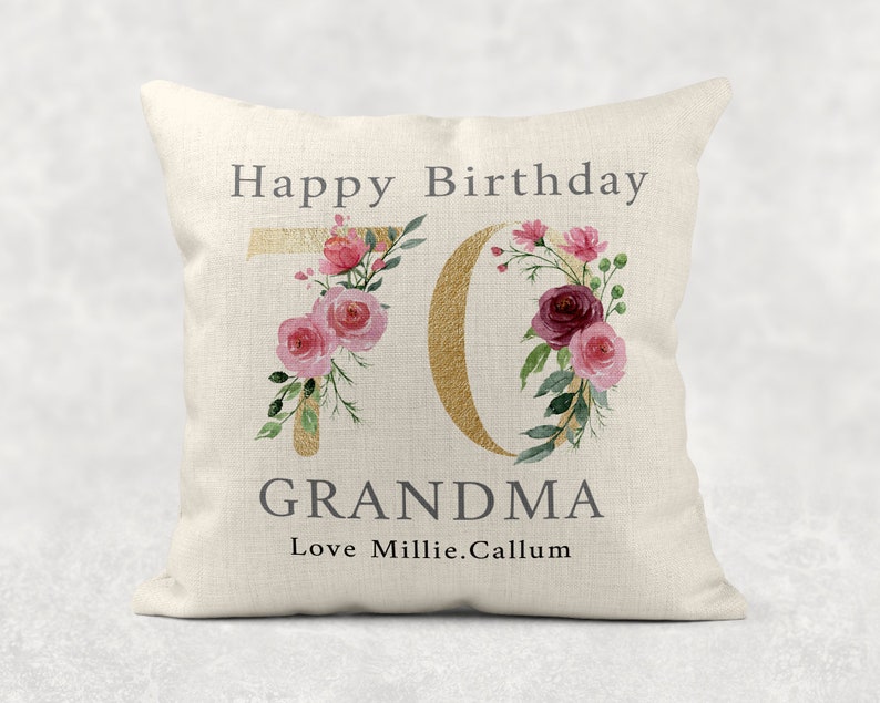 Personalised Age Name with love Cushion, GOLD floral country linen pillow 18th 50th 60th 70th 80th 90th Girls/Mum/Nan/Grandma birthday gift image 2