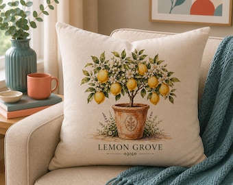 Lemon Tree Cushion, Mediterranean Kitchen Decor, Botanical Lemon Pillow, Farmhouse Home Decor, Citrus Gift