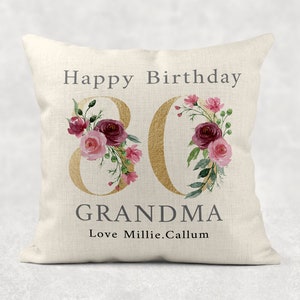 Personalised Age Name with love Cushion, GOLD floral country linen pillow 18th 50th 60th 70th 80th 90th Girls/Mum/Nan/Grandma birthday gift image 4