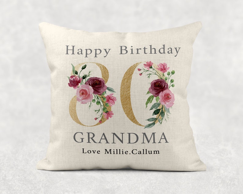 Personalised Age Name with love Cushion, GOLD floral country linen pillow 18th 50th 60th 70th 80th 90th Girls/Mum/Nan/Grandma birthday gift image 4