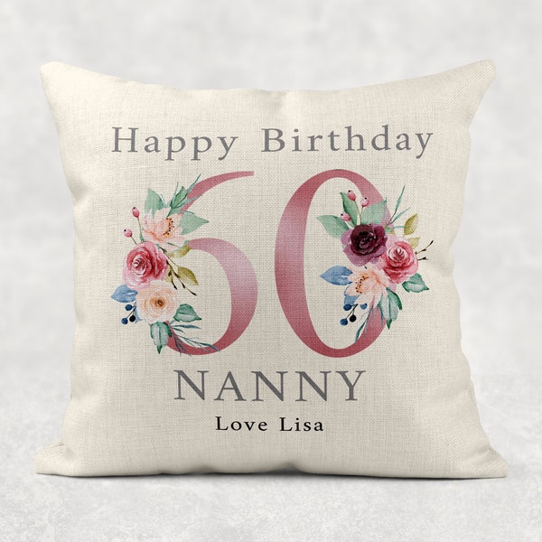 Personalised Age Name love from Cushion, pink Rose floral country linen pillow cover. 60th Girls/Mum/Nan/Nana/Grandma birthday gift