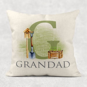 Personalised Country Garden Name Initial Cushion, GARDEN country linen pillow - grandad/dad/Grandma/mum gardeninggift