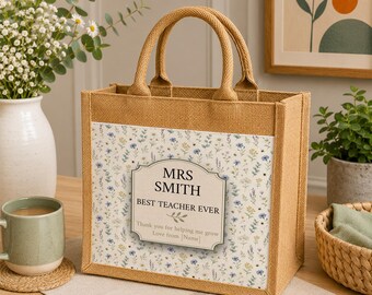 Personalised Teacher Jute Bag with Front Pocket, Wildflower Tote, Thank You Present, End of Term Keepsake, Teaching Assistant Gift