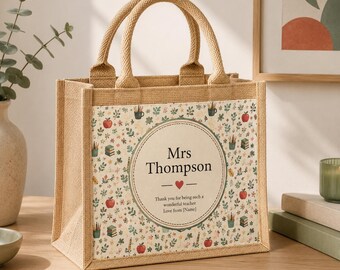 Personalised Teacher Jute Bag with Front Pocket, Custom Name Tote, Thank You Present, End of School Keepsake, Teaching Leaving Gift