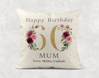 Personalised Age Name with love Cushion, Gold floral country linen pillow 18th 40th 50th 60th 70th 80th Girls/Mum/Nan/Grandma birthday gift