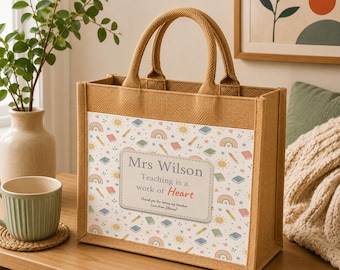 Personalised Teacher Jute Bag with Front Pocket, Rainbow School Tote, Thank You Present, End of Term Keepsake, Classroom Assistant Gift