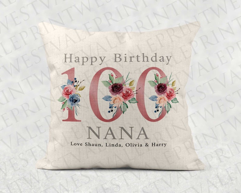 Personalised Age Name with love Cushion, Pink floral country linen pillow 100th Girls/Mum/Nan/Grandma birthday gift image 1