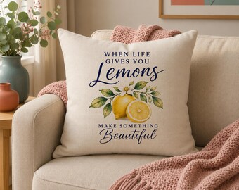 When Life Gives You Lemons Cushion, Inspirational Quote Pillow, Lemon Decor, Kitchen Cushion, Farmhouse Home Gift, Citrus Decor