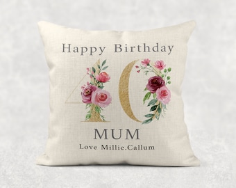 Personalised Age Name with love Cushion, Gold floral country linen pillow 18th 40th 50th 60th 70th 80th Girls/Mum/Nan/Grandma birthday gift
