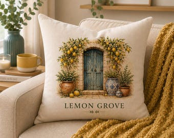 Mediterranean Lemon Cushion, Italian Courtyard Pillow, Lemon Grove Kitchen Decor, Tuscan Home Accent, Citrus Housewarming Gift