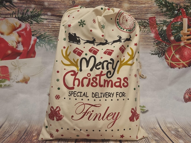 Personalised Christmas Santa Sack: Large Glitter Name Gift Bag Merry Christmas