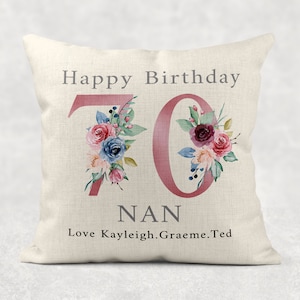 Personalised Age Name love from Cushion, pink Rose floral country linen pillow cover. 60th 70th Girls/Mum/Nan/nana/Grandma birthday gift