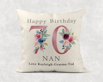 Personalised Age Name love from Cushion, pink Rose floral country linen pillow cover. 60th 70th Girls/Mum/Nan/nana/Grandma birthday gift