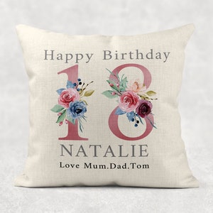 Personalised Age Name with love Cushion, Pink floral country linen pillow 100th Girls/Mum/Nan/Grandma birthday gift image 4