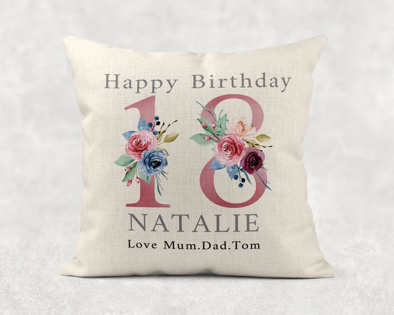 Personalised Age Name with love Cushion, Pink floral country linen pillow 100th Girls/Mum/Nan/Grandma birthday gift image 4