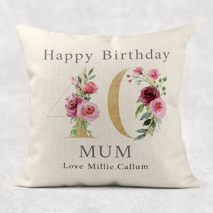 Personalised Age Name with love Cushion, GOLD floral country linen pillow 18th 50th 60th 70th 80th 90th Girls/Mum/Nan/Grandma birthday gift image 5