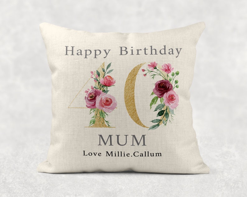 Personalised Age Name with love Cushion, GOLD floral country linen pillow 18th 50th 60th 70th 80th 90th Girls/Mum/Nan/Grandma birthday gift image 5