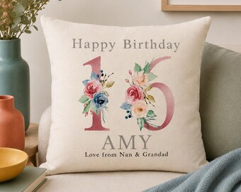 Personalised 16th Birthday Cushion Cover - Custom Name Sweet 16 Gift - Floral Milestone Pillow For Daughter Granddaughter Teen Bedroom Decor