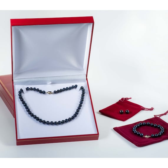 Black Pearl Necklace Set: Sterling Silver Stud Earrings & Bracelet