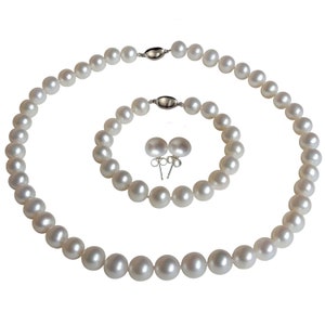 ROUND Pearl Necklace Set 16 Inch 18 Inch 20 Inch White Pearl Necklace Bracelet Stud Earrings for Women Sterling Silver Clasp