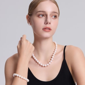 LARGE & ROUND 10mm 11mm 12mm Pearl Set Premium White Pearl Necklace Bracelet Stud Earring for Women Teen Girl Jewelry Cultured Freshwater