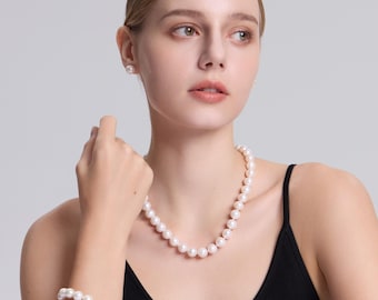 White Freshwater Pearl Jewelry Set: Necklace, Bracelet & Stud Earrings