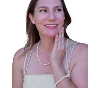 Premium 7mm 8mm ROUND Pearl Set 3 piece Jewelry White Pearl Necklace Bracelet Stud Earrings for Women Cultured Freshwater US SELLER