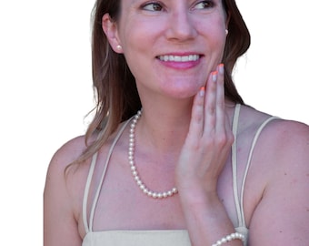 Premium 7mm 8mm ROUND Pearl Set 3 piece Jewelry White Pearl Necklace Bracelet Stud Earrings for Women Cultured Freshwater US SELLER