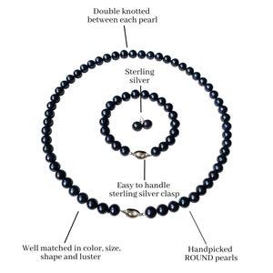 May include: A jewelry set featuring a necklace, bracelet, and earrings. The set includes handpicked, round, dark pearls. The necklace and bracelet have sterling silver clasps. The pearls are double knotted between each pearl.
