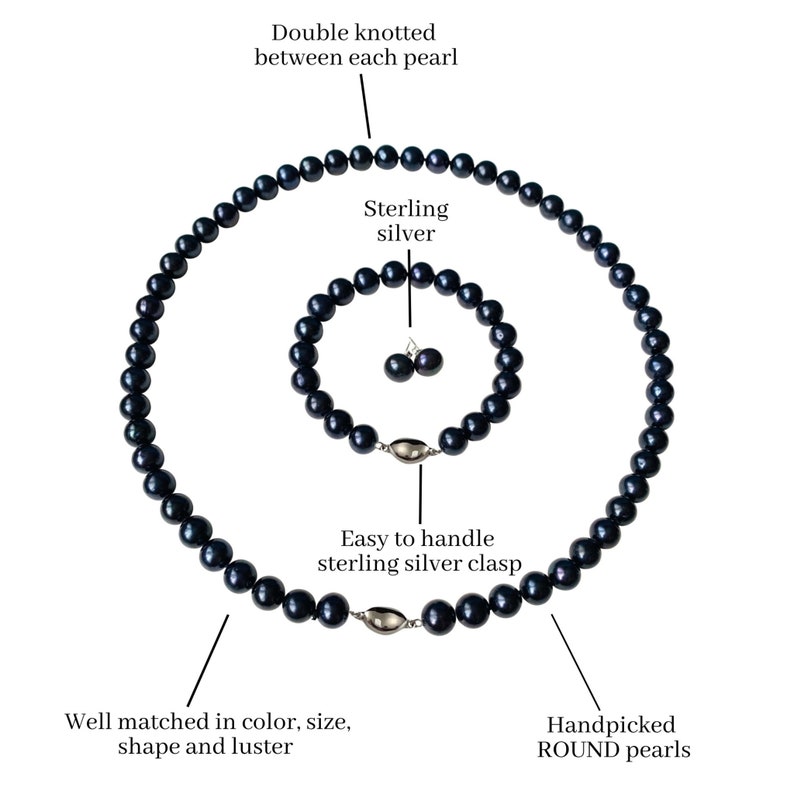 May include: A jewelry set featuring a necklace, bracelet, and earrings. The set includes handpicked, round, dark pearls. The necklace and bracelet have sterling silver clasps. The pearls are double knotted between each pearl.