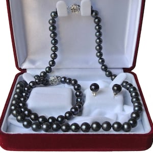 Premium ROUND Pearl Set 3 piece Jewelry 7mm 8mm Black Pearl Necklace Bracelet Stud Earrings for Women Men Cultured Freshwater US SELLER