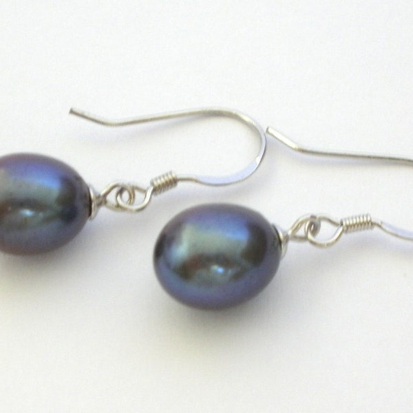 Black Pearl Earrings Dangle Drop Earring Sterling Silver Genuine Cultured Freshwater US Seller