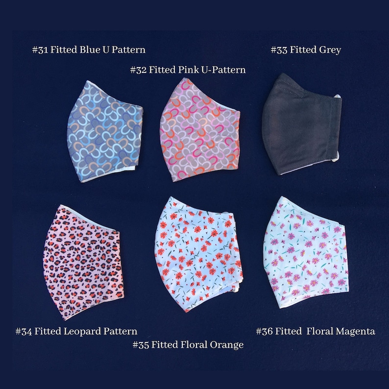 May include: Six fitted face masks with various patterns are displayed against a dark blue background. The patterns include blue U-shapes, pink U-shapes, solid grey, leopard print, floral orange, and floral magenta. Each mask has a white interior.