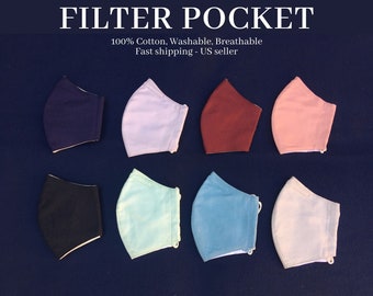 Plain Solid Color Fitted Pleated Cloth Cotton Face Mask Nose Wire Filter Pocket Adjustable Ear loop Breathable Washable Uniform Unisex