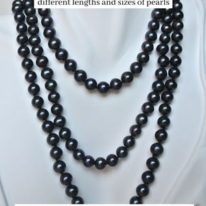 May include: Three strands of dark gray pearl necklaces of varying lengths are displayed. The image includes text that reads "Mix and match different lengths and sizes of pearls." The text also states that the pearls are available in sizes 6-12mm and lengths 14" to 36".