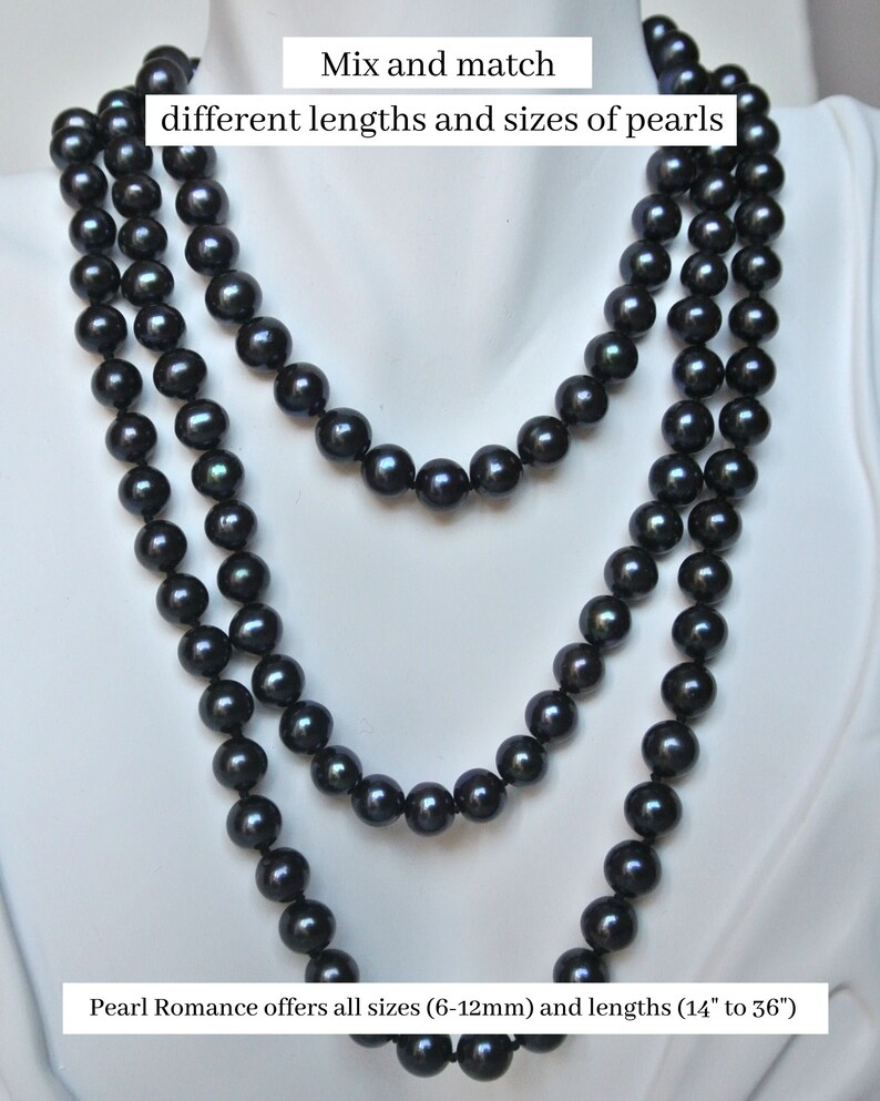 May include: Three strands of dark gray pearl necklaces of varying lengths are displayed. The image includes text that reads "Mix and match different lengths and sizes of pearls." The text also states that the pearls are available in sizes 6-12mm and lengths 14" to 36".