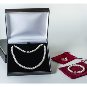 ROUND Pearl Set 3 piece Jewelry White Pearl Necklace Bracelet Leverback Earrings for Women Cultured Freshwater US SELLER